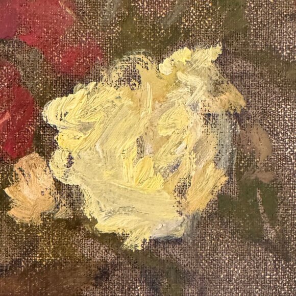 Vibrant Floral Still Life Oil Painting, Yellow & Red Roses in Gold Vase - Picture 3 of 4